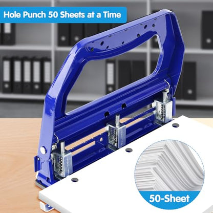 AFMAT 3 Hole Punch Heavy Duty, 9/32" Holes, 50-Sheet Hole Puncher 3 Ring, 50% Reduced Effort, Adjustable Two & Three Hole Punch, Metal Paper Puncher w/Large Chip Tray, Metal Paper Guide, Blue, HP18 - color: Blue