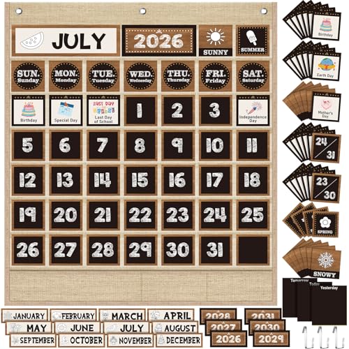 Sinload Classroom Calendar Pocket Chart Set Calendar Bulletin Board Set Seasons Festival Weather Pocket Chart for Classroom Decoration Back to School Supplies (Farmhouse,Linen Color) - color: Linen Color, style: Farmhouse