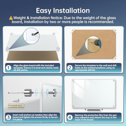 Glass Whiteboard 48" x 30", Frameless Wall Mounted Dry Erase Board with Tempered Glass Surface, Steel-Backed Magnetic Support, Tray, Eraser, Markers & Magnets for Office, School, Home - size: 48"W x 30"H