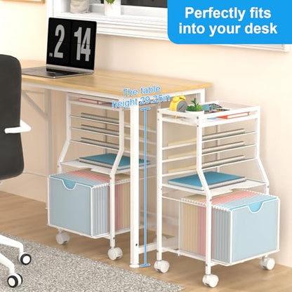 BOHDK Rolling File Cart, 6-Tier Desk File Organizer on Lockable Wheels, White Wood Planks & Mesh Sliding Hanging Folder Drawer, Organization Cart for Office Home School - color: White