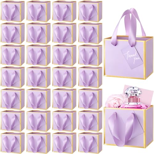 Yeaqee 50 Pcs Mini Metallic Paper Gift Bags with Handle 4.75x2.25x4'' Small Gift Bag DIY Tag Thank You Party Favor for Summer Wedding Baby Shower Birthday Back to School Jewelry (Lavender,Gold) - color: Lavender, Gold