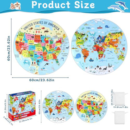 2 Sets World Puzzle United States Map Puzzle with Poster World and US Geography Jumbo Round Floor Puzzles Jigsaw for Kids Ages 3-5 Educational Learning Toys Puzzles Valentines Birthday Gift 70 Pieces