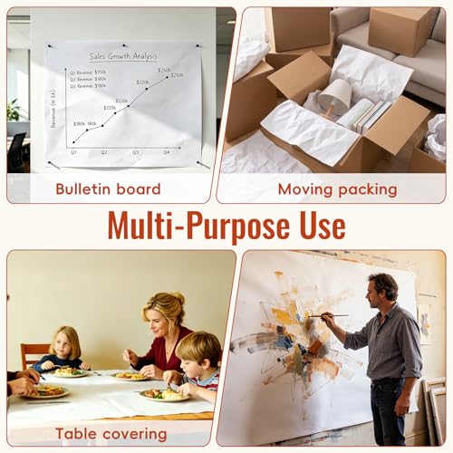 ReePlan 36" x 1200" (100') White Wrapping Paper, Kraft Craft Paper Roll, 80 GSM Bulletin Board Paper for Drawing, Painting, Gift Wrapping, Kids Art, Banner Paper, Packing Paper, and Table Covering - color: White, size: 36" x 100'