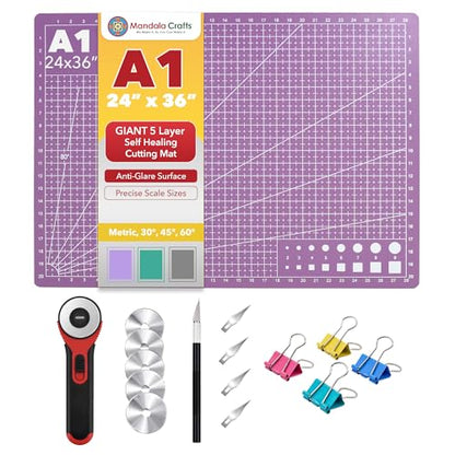 Mandala Crafts Self-Healing Cutting Mat Set – 24" x 36" A1 Purple Pink Double-Sided 5-Ply Mat with Fabric Cutter, Quilt Ruler & Craft Knife for Sewing, Quilting, Leather & Scrapbooking - color: Purple Combo, size: 24 x 36 Inches Mat Combo