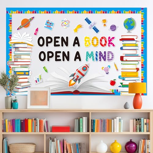 Reading Bulletin Board Set Open A Book Open A Mind Classroom Bulletin Board Decorations Books Paper Cutouts for Back to School Reading Day Classroom Library Office Home Wall Door Supplies - style: Reading