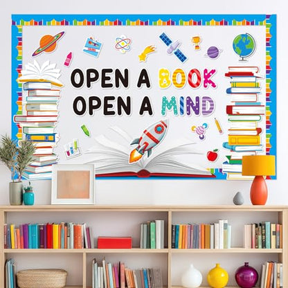 Reading Bulletin Board Set Open A Book Open A Mind Classroom Bulletin Board Decorations Books Paper Cutouts for Back to School Reading Day Classroom Library Office Home Wall Door Supplies - style: Reading