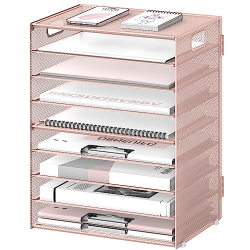 DALTACK 9-Tier Paper Organizer for Desk, Mesh Letter Tray Desk Organizer with Handles, Space-Saving File Organizer for Office Home School, Pink - color: Desk Organizer Pink