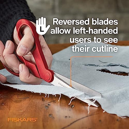 Fiskars Left-Handed Scissors, Precision Cutting for Craft Fabric Paper, Ergonomic Comfort Grip, Stainless Steel, 8", Red - style: Left-Handed