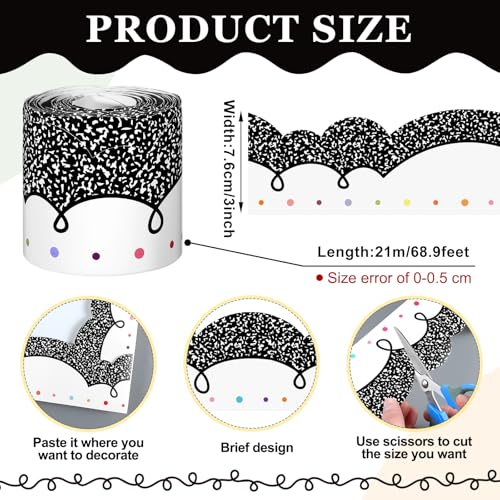 Kolldenn 68.9ft Black and White Bulletin Board Border Black White Squiggles and Stripes Classroom Borders Trim Rolled Die Cut for Bulletin Board Chalkboard School Teachers Wall Decor(Composition Dots) - style: Composition Dots