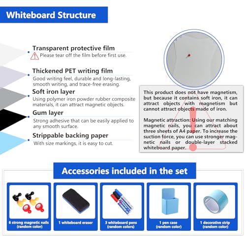 Self-Adhesive Dry Erase Whiteboard Sticker, 70.86" x 35.43" Magnetic Receptive White Board Wall Film, No Ghosting, Easy Write & Clean | Peel & Stick for Office, Home & Classroom,Incl. Accessories - size: 70.86" x 35.43"