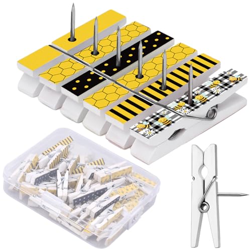 Gueevin 48 Pcs Classroom Wooden Bee Push Pins Cute Decorative Pushpins Thumbtacks for Bulletin Board Teacher Classroom Must Haves Supplies for Teacher Office School Cork Board Photos Notes - style: Bee