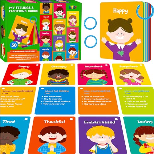Emotions Flashcards, 50 Different Feelings with Coping Skills-Learn to Identify Various Moods, Cartoon Faces Emotions for Kids with Autism, ADHD -Emotion Flipbook for Therapy, Home Use - style: Emotions Flashcards