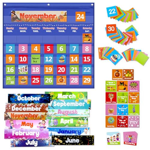 Classroom Calendar Pocket Chart with 88 Cards - Ideal for Homeschool, Classroom & Office, Durable Nylon Wall Hanging Calendar for Early Learning (Blue) - color: Blue