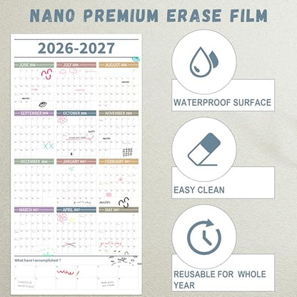 GuassLee Large Yearly Wall Calendar 2026-2027, Full Year Calendar One Page, Jun. 2026- May 2027, Annual Wall Calendar 2026, 24"X 48" Wall Calendar 2026 Large with Foam Stickers - color: Jun White