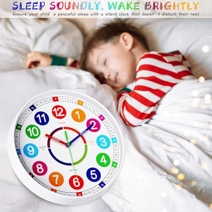 Kids Wall Clock - Non-Ticking, Battery-Operated Time Teaching Clock for Kids, Ideal for Children’s Bedrooms, Playrooms, and Stylish Home Décor – White, 12 Inch - size: 12 Inch