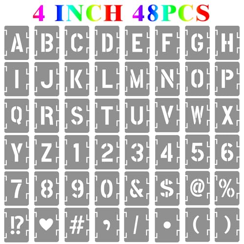 4 Inch Letter and Number Stencils Symbol Numbers Craft Stencils, 48 Pcs Reusable Alphabet Templates Interlocking Stencil Kit for Painting on Wood, Wall, Fabric, Rock, Sign, DIY Art Projects - style: 4 inch