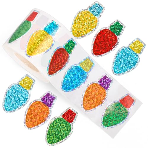 Whaline Christmas Stickers Roll Laser Light Bulb Seal Stickers 5 Colors Xmas Waterproof Self-Adhesive Decals for Envelope Journal Decor Party Supplies, 500Pcs - style: Christmas Light Bulb
