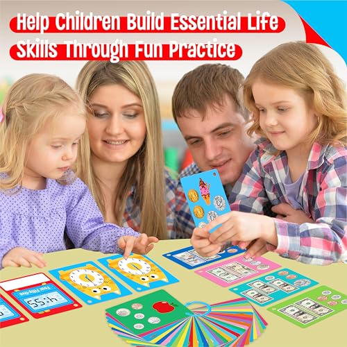 52 PCS Time & Money Flashcards, Double Sided Cognition Cards-Coin Value, Coin Combinations, Counting Coins, Telling Time, Reading Clocks, Learning Tool for Kids Ages 6+ Kindergarten Toddlers - style: Time & Money