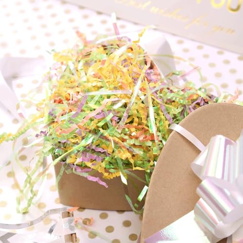 PAPER FAIR Iridescent Easter Grass Crinkle Cut Paper, 5OZ Green Yellow Purple Blush Paper Shred Filler Mix Strand Raffia Tissue Craft Bedding Cushion, Party Birthday Gift Box Basket Retail - color: Iridescent Easter