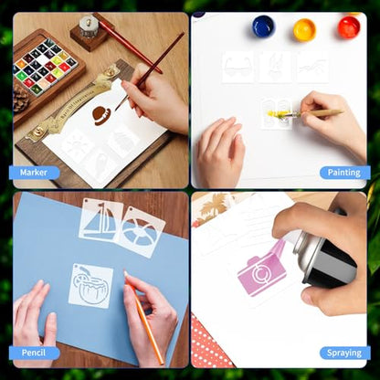 100 Pcs Small Stencils for Painting on Wood 2 x 2 Inches Reusable Stencil Crafts Drawing Templates Holiday Wall Paper for DIY Scrapbook Rock (Summer) - color: Summer