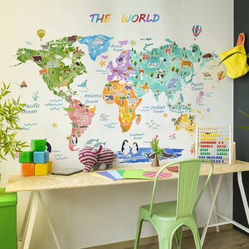 Fufuquare Large THE WORLD Animal Distribution Wall Stickers Waterproof Map Wall Decals for Children's Room Kindergarten and Classroom
