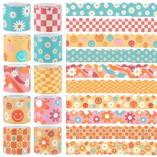 262Ft Groovy Bulletin Border Boho Die-Cut Border Trim 10 Rolls Daisy Classroom Borders for Bulletin Board Groovy Themed Classroom Board Decorations for Home School Wall Decor - style: Groovy