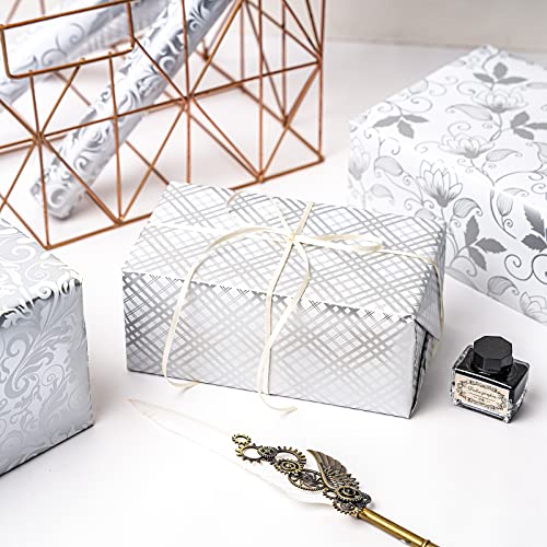 LeZakaa Silver Wrapping Paper Roll, Elegant Metallic Foil Gift Wrap with Floral and Plaid Pattern for Wedding, Anniversary, Birthday, Mothers Day, Bridal Shower, Christmas, 17 x 120 inches, Mini Roll - color: Classic-silver