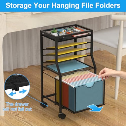 BOHDK Rolling File Cart, 6-Tier Desk File Organizer on Lockable Wheels, Black Wood Planks & Mesh Sliding Hanging Folder Drawer, Organization Cart for Office Home School - color: Black