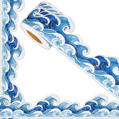 FYSUIMU 65.6 Ft Ocean Wave Bulletin Board Border Under The Sea Scalloped Trim Borders Realistic Blue Sea Wave Classroom Decorations for Back to School Summer Beach Coastal Party Home Office Chalkboard - style: Ocean