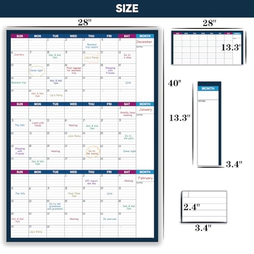 Large Dry Erase Calendar for Wall – Undated 3 Month Wall Calendar, Yearly Wall Calendar Dry Erase, 28" x 40"(Vertical), Reusable Laminated with Round Stickers, Perfect Layout Wall Calendar for Office, Home and Classroom