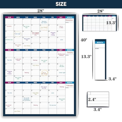 Large Dry Erase Calendar for Wall – Undated 3 Month Wall Calendar, Yearly Wall Calendar Dry Erase, 28" x 40"(Vertical), Reusable Laminated with Round Stickers, Perfect Layout Wall Calendar for Office, Home and Classroom