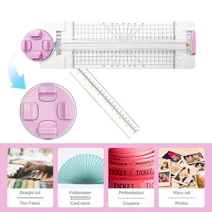 4 in 1 A4 Craft Paper Cutter Rotary Trimmer with Sliding Blade, Safe Precision Paper Trimmer with Grid Lines & Ruler, Multi-Color Cutting Tool for Scrapbook, Cards & DIY Projects(Pink) - color: Pink