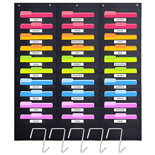 Hippo Creation Heavy Duty Storage Pocket Chart for Classroom, 30 Pocket Storage Organizer with 5 Over-Door Hangers, Hanging Wall Organizer for File Folders, School Mailbox, Home Office Papers - Black - color: Black - (30 Name Tag Pockets)