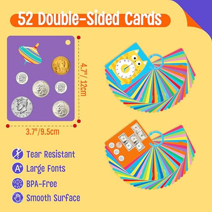 52 PCS Time & Money Flashcards, Double Sided Cognition Cards-Coin Value, Coin Combinations, Counting Coins, Telling Time, Reading Clocks, Learning Tool for Kids Ages 6+ Kindergarten Toddlers - style: Time & Money