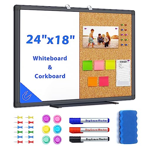 maxtek Combination White Board & Bulletin Cork Board 24 x 18 Whiteboard Magnetic, Combo Dry Erase Board with Black Aluminum Frame, 2' x 1.5' Hanging Message Board Wall Mounted for Homeschool Office - size: 24x18