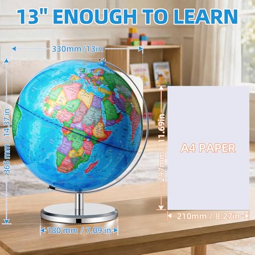 BSHAPPLUS 13 inch Large Globe for Classroom & Home Learning, Political Globe with 195+ Countries, Dry Erase & Waterproof Surface, Solid Stainless Steel Base (No Assembly Required) - color: Blue, size: 13inch