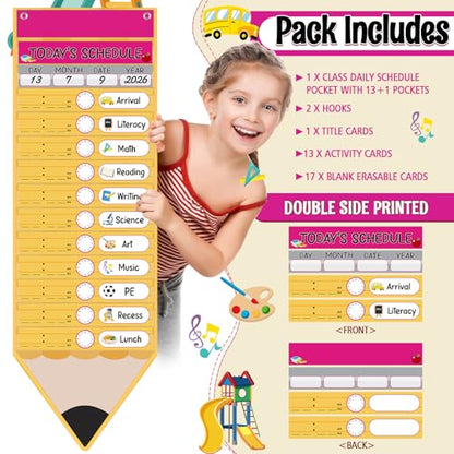 Pasimy Daily Schedule Pocket Chart with 31 Pencil Cards and 14 Pockets Pencil Schedule Charts Back to School Classroom Decor for School Office Home Educational Activity Supplies - style: Pencil Pocket Chart