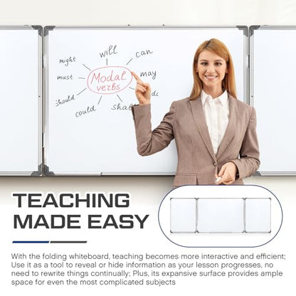 AmazingSpark 72" x 24" Foldable Whiteboard Dry Erase Board Large Tri Folding Whiteboard Magnetic Dry Erase Board, Wall Aluminium Frame and Flip Out Pen Tray for Office, Home - size: 72"W x 24"H