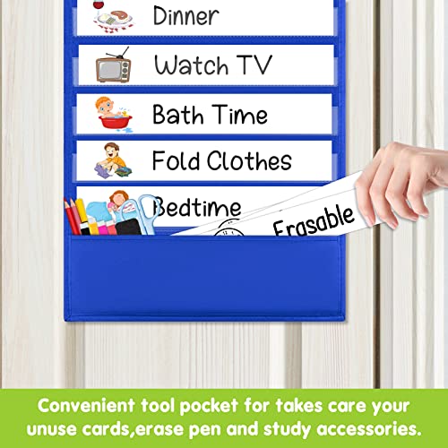 Eamay Daily Schedule Pocket Charts, Teacher Schedule Chart with Resuable 18 Custom Cards, Classroom Pocket Chart for School Office or Homeschool Activities, Blue - color: Blue