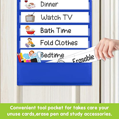 Eamay Daily Schedule Pocket Charts, Teacher Schedule Chart with Resuable 18 Custom Cards, Classroom Pocket Chart for School Office or Homeschool Activities, Blue - color: Blue