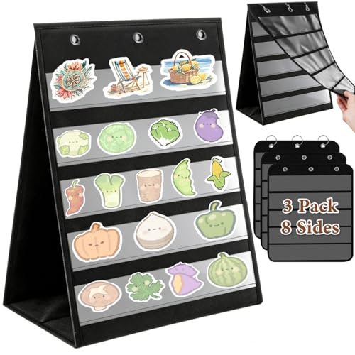 Tabletop Pocket Chart 14x17 Inch - 3 Page Flip Design 8 Sides Portable Sticker Display Stand Oxford Fabric Teaching Organizer for Classroom, Homeschool & Teacher Supplies(Patent Pending) - color: Black