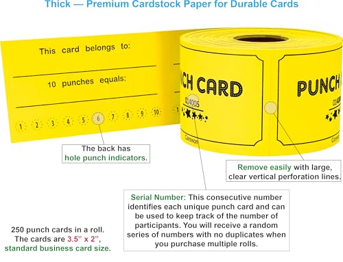 250 Punch Cards, Yellow, Incentive & Loyalty Reward Cards | 8 Color Options, Premium Cardstock, 10 Holes, Standard 3.5 x 2 Inch Business Card Size — Proudly Made in USA - color: Yellow