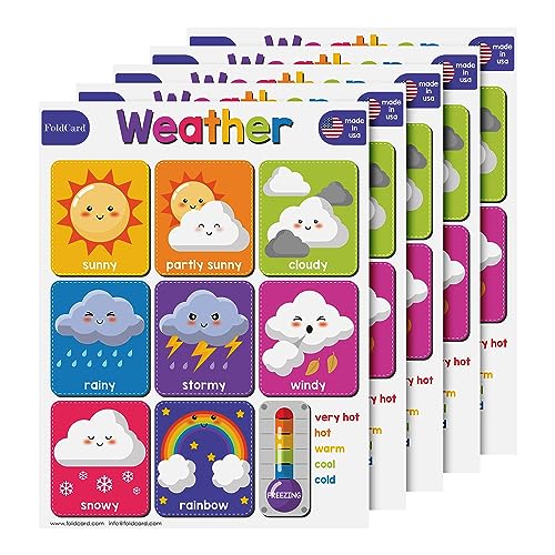 FoldCard Weather Chart Educational Poster 8.5x11 5pk | Glossy cardstock; bright classroom decorations; preschool-grade 1 learning aid for kids & school supplies - color: Weather and Temperature