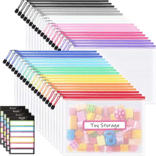 Sooez 36 Pack Mesh Zipper Pouch with Sticky Labels, A4 Mesh Bags, Sturdy Letter Size File Folders Organizer, Office School Classroom Teacher Supplies, Toy Storage Bag Board Game Puzzles Organization - color: Multicolored, size: 36Pack