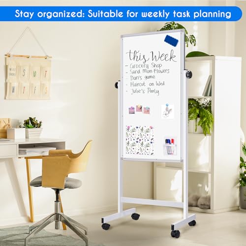 maxtek Rolling White Board, 48 x 24 Height Adjustable Whiteboard on Wheels, Large Magnetic Standing Mobile Easel Board, Double-Sided with Stand for Office, Home, and Classroom - style: 24X48 in Silver