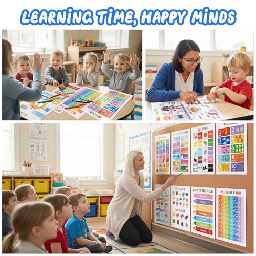 UNCLE WU 16 Pack Educational Posters for Ages 2-6, Preschool Classroom | Laminated learning charts cover ABC, numbers 1-100, shapes, colors, maps, homeschool, daycare, and kindergarten