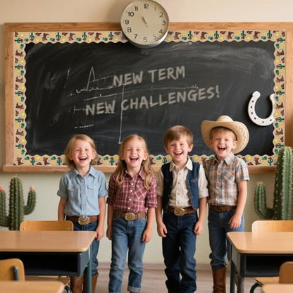 BeYumi Western Cowboy Border Trim - 65ft Back to School Western Cowboy Themed Light Brown Rolled Border Trim Decor Wild West Bulletin Board Set School Classroom Office Chalkboard Party Decoration - style: Western Cowboy Desert