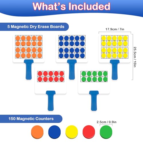 Kasfalci Magnetic Ten-Frame Set,Math Manipulative Games for Kids Toddlers,5 Dry Erase Paddles & 150 Math Counters,Addition & Subtraction Game,Counting Toys,Kindergarten Preschool Classroom Must Haves