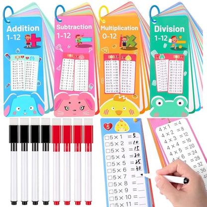 60Pcs Addition Subtraction Multiplication Division and Subtraction Flash Card, Math Flash Cards with 8 Dry Erase Pens 4 Rings, Time Table Flash Cards for 1st to 3rd Grades Fun Learning with Math Game