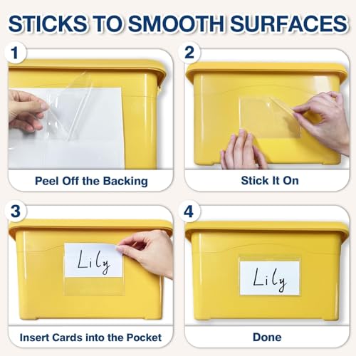 H4D 24 Pack Labels for Storage Bins, 3" x 5" Plastic Clear Adhesive Index Card Holders, Tote Label Pockets for Organizing Storage, Library Card, Shelves - size: 3" x 5", style: 24 Pack